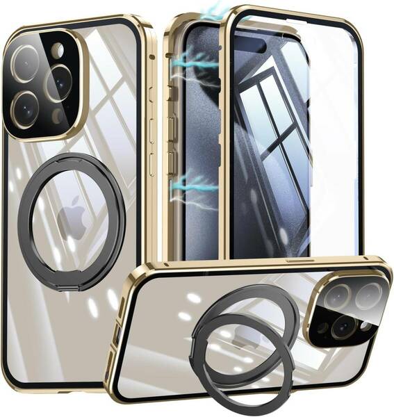 OURJOY iPhone 15 Plus ケース 【MagSafe対応+360°回転スタンド+全面保護】 カバー 隠し収納式リンク付き 一体型カメラレンズ保護