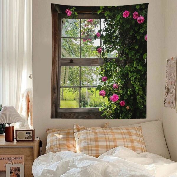 植物フラワー　ウインド　窓風景　植物　タペストリー　のれん　カーテン　壁掛け　インテリア雑貨