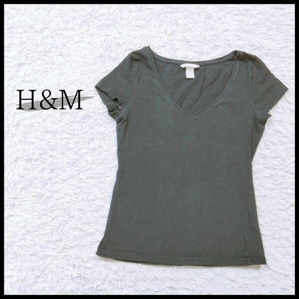 【27422】 H&M エイチアンドエム 半袖Tシャツ カットソー サイズS ブラック 無地 スプーンネック Vネック コットン インナー レディース