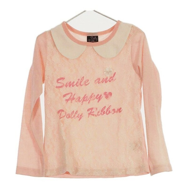 【27299】 DollyRibbon ドーリーリボン 長袖Tシャツ ロンT カットソー サイズ120 ベビーピンク 襟つき レース ロゴ付き 可愛い 春 キッズ