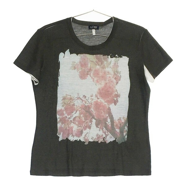 【27570】 ARMANI JEANS アルマーニジーンズ 半袖Tシャツ カットソー サイズEU40 / 約L ブラック 丸首 ロゴ 花柄プリント レディース