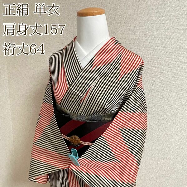 単衣 6月 9月 正絹 縮緬 赤 黒 縞 呉服 kimonos 着物 きもの