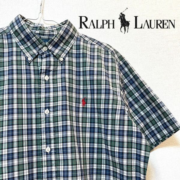 【美品】RALPH LAUREN(ラルフローレン) ブランドロゴ緑チェック柄シャツ ネルシャツ トップス ブラウス コットン