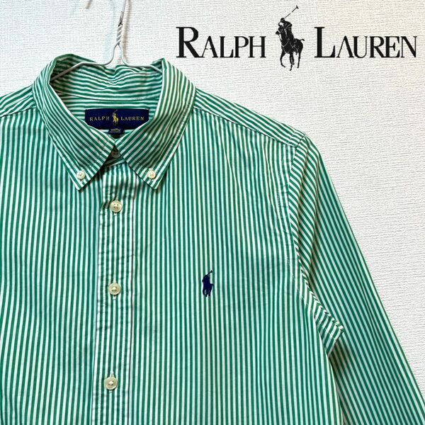 【美品】RALPH LAUREN(ラルフローレン) ブランドロゴストライプシャツ トップス ブラウス コットン Yシャツ グリーン