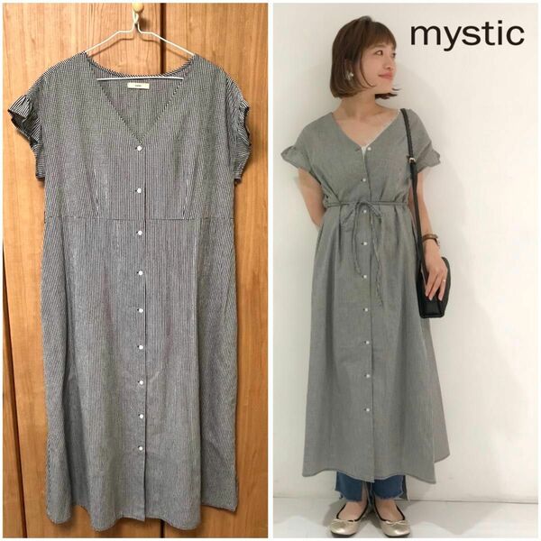 【美品】mystic(ミスティック) ギンガムチェック柄Vネックロングワンピース 半袖 シャツワンピース ロングシャツ 白×黒