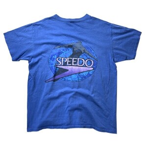 オールドサーフ! 80s 90s USA製 SPEEDO スピード ヴィンテージ 両面 ロゴ プリント 半袖 Tシャツ ブルー 青 Lサイズ メンズ 古着 希少