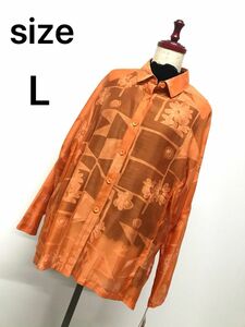 花柄　オレンジ　オーバーサイズ　襟付きブラウス　透け感　シースルー 長袖 コットン ネルシャツ 90s
