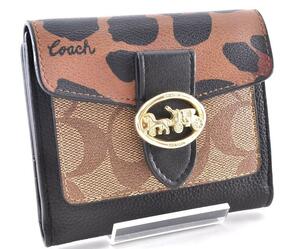 美品 COACH コーチ シグネチャー 二つ折り財布 ウォレット レザー 革 ブラウン 茶色 ブラック 黒 柄あり レディース 女性 α2EM1302