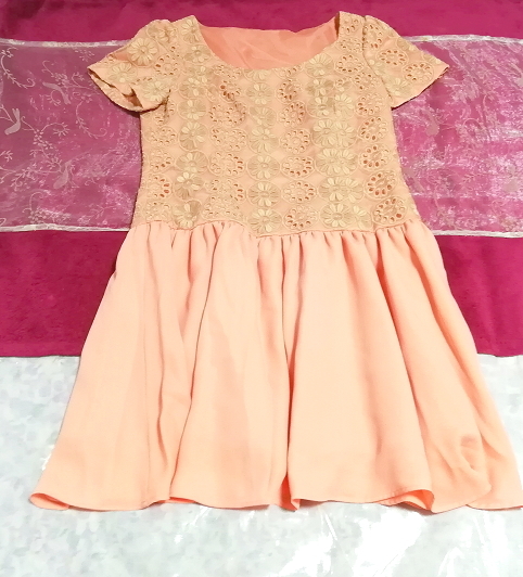 Orange flower lace chiffon negligee nightgown tunic dress, knee length skirt, m size