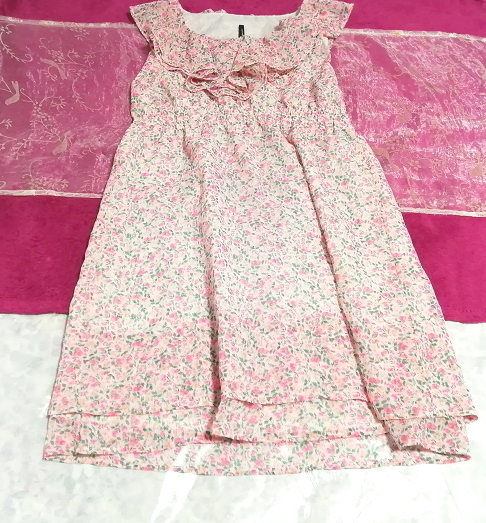 ピンク花柄フリルシフォンネグリジェノースリーブチュニックワンピース Pink floral frill chiffon negligee sleeveless tunic dress