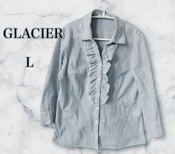 【GLACIER 】ブルーxホワイト　ピンストライフ ビジネス七分袖ブラウス　シャツ 