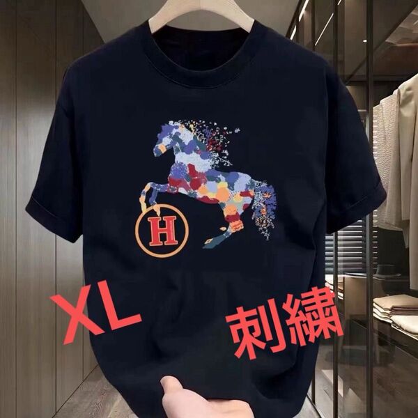 Tシャツ 半袖Tシャツ 黒 高品質XL 刺繍