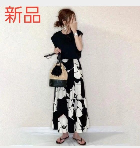 【新品】 韓国 シャツ+ロングスカート セットアップ ノースリーブ フレンチ マキシ丈 フリー 体型カバー