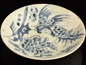 【琴》送料無料 朝鮮美術 李朝 時代 染付花鳥図皿 幅25cm WJ695