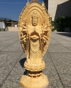 上品/綺麗 仏教美術 精密彫刻 仏像 手彫り 八角台座 桧木製 千手観音菩薩 高さ約43ｃｍ