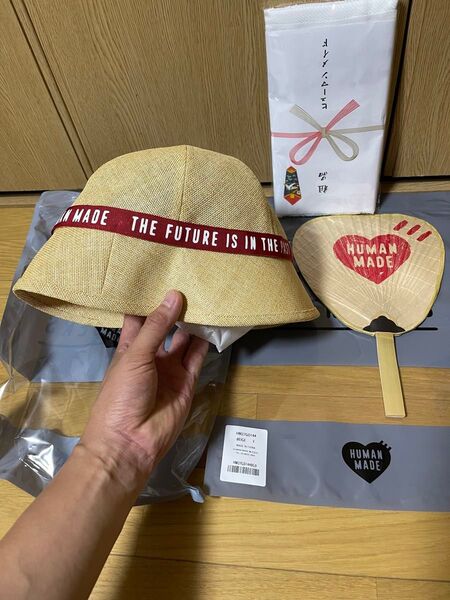 HUMAN MADE Paper Bucket Hat "Beige"とウチワとヒューマンタオルです。