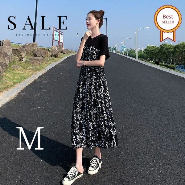 *新品* 花柄ワンピース 韓国 切替ワンピース Aライン ロング ブラック 半袖 小花柄 夏 クーポン ポイント