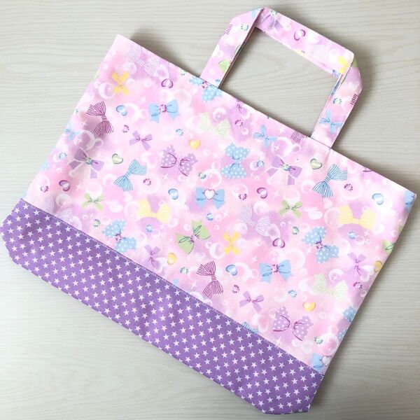 【リボン柄 レッスンバッグ】★裏布・マチあり★ハンドメイド 通園通学バッグ 入園入学準備 手提げカバン トートバッグ