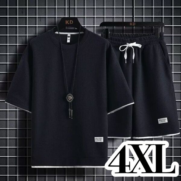 4XL メンズ ルームウェア ブラック 黒 スウェット セットアップ 短パン カジュアル 上下セット 半パン パジャマ 部屋着