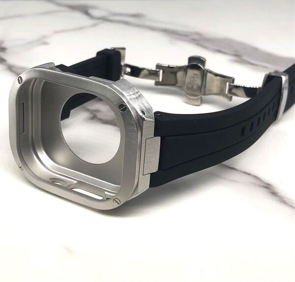 ブラック★アップルウォッチバンド ラバーベルト カバー ステンレス Apple Watch ケース 49mm ウルトラ ultra