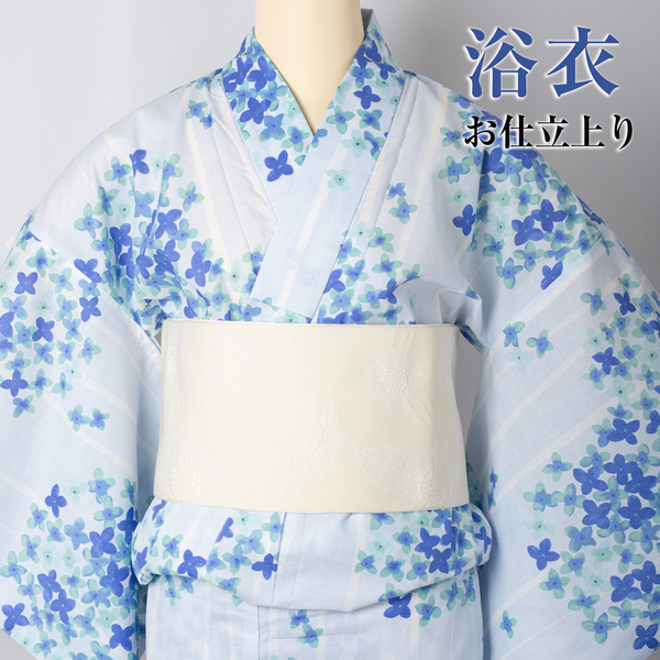 【仕立て上がり浴衣】送料無料!NO.629 新品【コーマ地 水彩紫陽花 水色】Face Girl(ゆかた 浴衣 仕立て済 プレタ)
