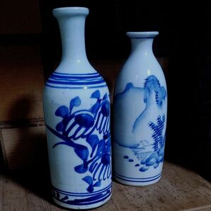 割引中 明治頃の徳利(大)二つセット 完品 ニュウ欠け無し 手書き染付 骨董品