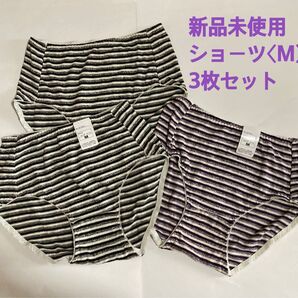 レディースショーツ〈M〉黒白ボーダー2枚と紫白ボーダー1枚の【3枚セット】新品未使用 綿混素材