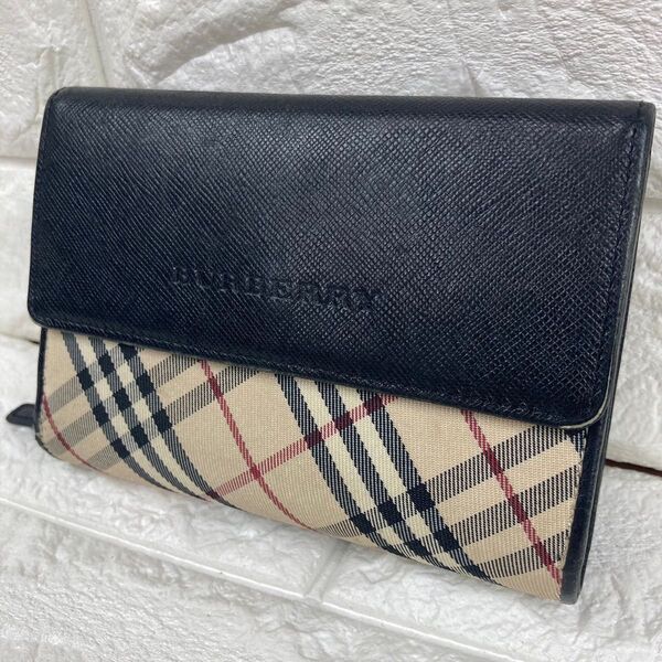 美品 Burberry バーバリー 三つ折り 財布 ノバチェック キャンバス レザー ウォレット コインケース カードケース