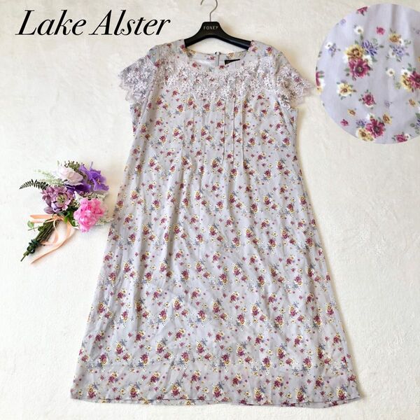 Lake Alster レイクアルスター レース付きワンピース 花柄 グレー L