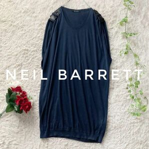 ニールバレット ウールニットチュニック ノースリーブ 肩レザーベルト ネイビー XSサイズ ゆったり NEIL BARRETT