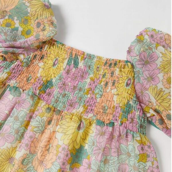 【美品】ZARA 花柄パフスリーブワンピース シフォンワンピース 80