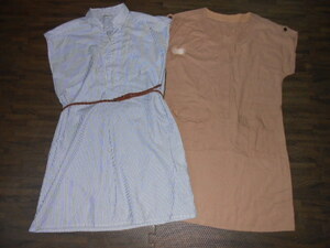 *linen material. beige. tunic dress & stripe tunic shirt dress *9 number /M postage 510 jpy beautiful goods 