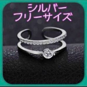 2連風 ダブルリング ジルコニア リング 指輪 フリーサイズ シルバー