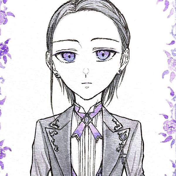 手描きイラスト オリジナル 創作 原画 水彩 花 薔薇 紫 ドローイング 執事
