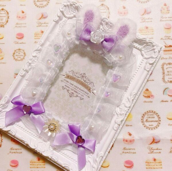 【NO.34】うさ耳とリボンのトレカケース(パープル) レース リボン トレカ トレカケース 写真入れ フォトフレーム