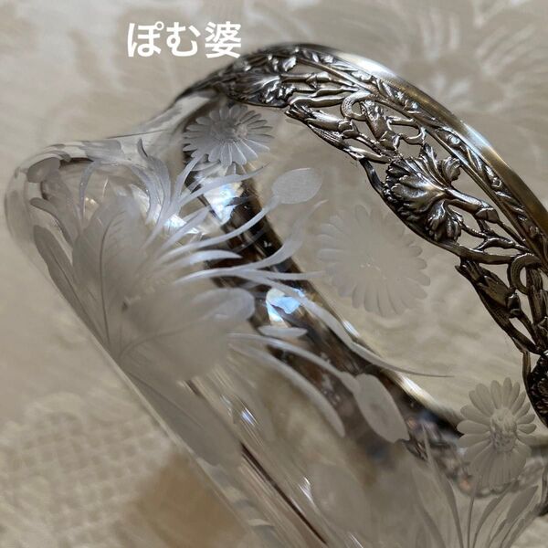 【フランス/純銀+クリスタル】グラスコンテナ/シルバー装飾の入れ物/彫り入り容器/ボウル