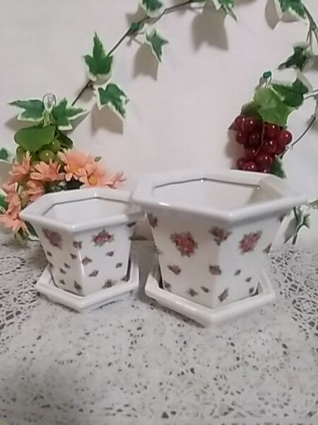 オシャレなプランターセット 2組、(大-中) 六角植木鉢にイングリッシュロ―ズ絵柄、受け皿付きです。