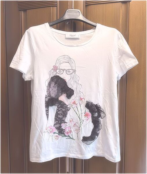値下★blugirl ブルーガール・ブルマリン★チュールレースフリル・ラインストーン付・カットソーTシャツ・ホワイト×マルチ・I42/L★美品