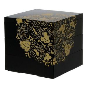 【新品未使用】5寸 重丸紋牡丹唐草 黒 重箱 お正月 お節料理 おせち ひな祭り ホームパーティ(お重/弁当箱) 三段重 お重