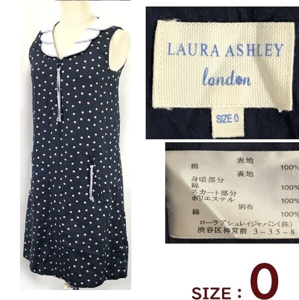 美品★LAURA ASHLEY/ローラアシュレイ★ノースリーブワンピース【0/XS程度/ネイビー系/ドット柄】Tops/Shirts/Dress◆SBH893