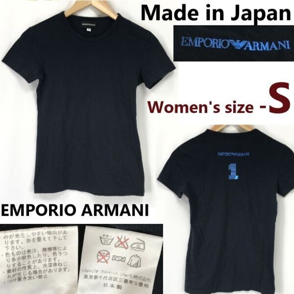 正規代理店/日本製★エンポリオアルマーニ/EMPORIO ARMANI★箔1プリント/Tシャツ【レディースS/黒/black】Tops/Shirts◆pBH870-c