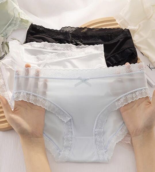 新品M 4枚セットレディース薄シームレスリボンシルクレース綿パンツ抗菌コットンパンティショーツ女性下着伸縮性通気性フィット送料無料