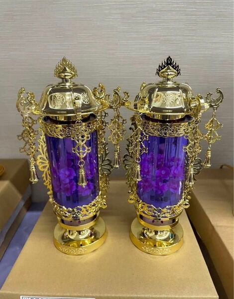 新品未使用バブル灯5号パープルヨーラク付1対入高さ27cm 初盆 盆灯籠 霊前灯 ゴールド 仏具 霊前灯 水明灯 お盆