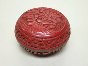 [大幸]　中国美術　銅胎堆朱岩椿彫香合　良品　時代道具　北京堆朱　茶道具　煎茶具　古玩　唐物　印