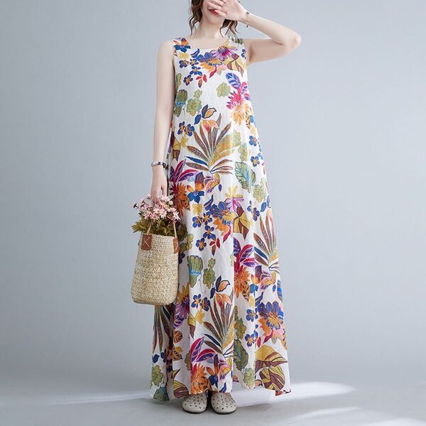 ノースリーブ ワンピース 2XL ロング マキシ ボタニカル 薄手 軽い 涼 レディース 夏 リゾート 部屋着 おしゃれ 花柄 紺