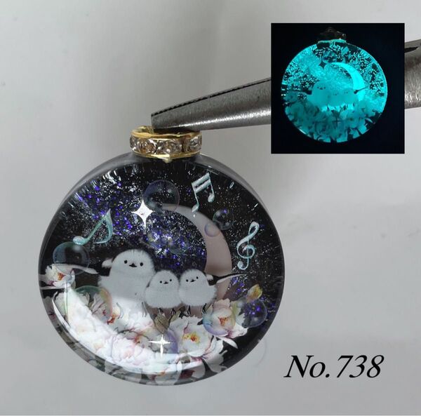 展示用/レジン/宇宙のメロディとシマエナガ 蓄光 オルゴナイトネックレス