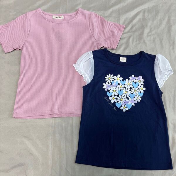 女の子 半袖 Tシャツ 2枚セット 120cm 新品 未使用 リブ ピンク 肩シフォン ハート ネイビー しまむら
