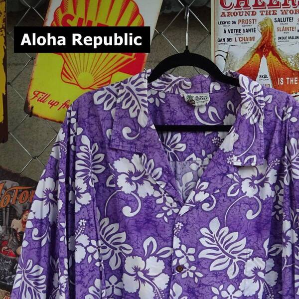 Aloha Republic アロハ 半袖 シャツ USA製 4XL バティック ハイビスカス パープル 10260