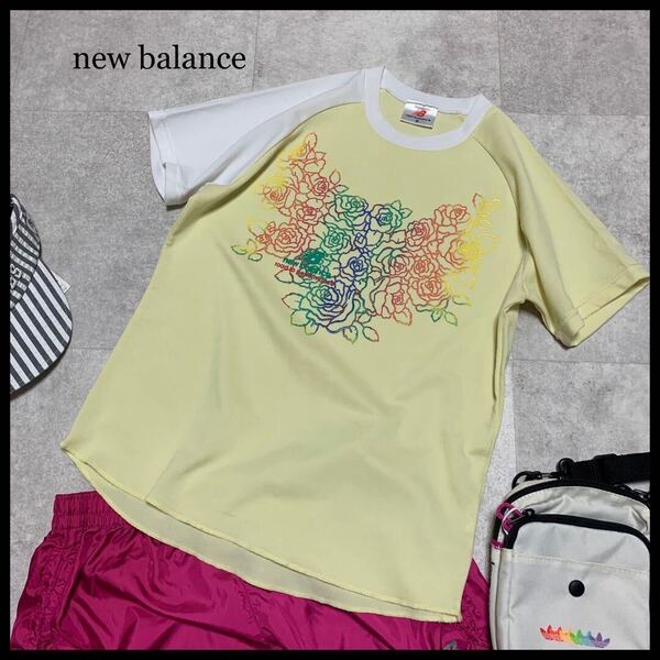 美品 new balance ニューバランス Tシャツ 半袖 薔薇柄プリント 薄手 パステルイエロー M