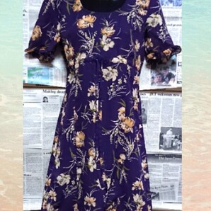 《未使用》【IMAGE 花柄 ワンピース】イマージュ 半袖 9号 9AR M サイズ 紫 ミディ 膝丈 シック 上品 リボン りぼん 透け感 模様 結婚式